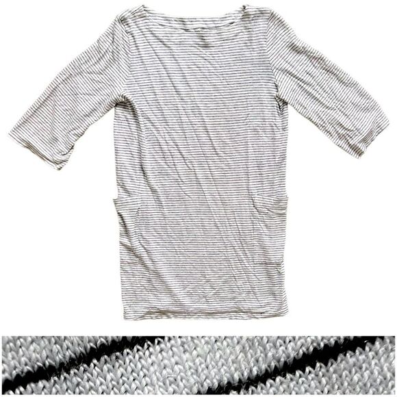 Eileen Fisher White Black Striped Side Patch Pocket 3/4 Sleeve Tunic Top size M - Picture 1 of 7
